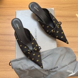 Balenciaga Knife Kitten-heel Mules In Logo-print Black Satin, size 39.5
